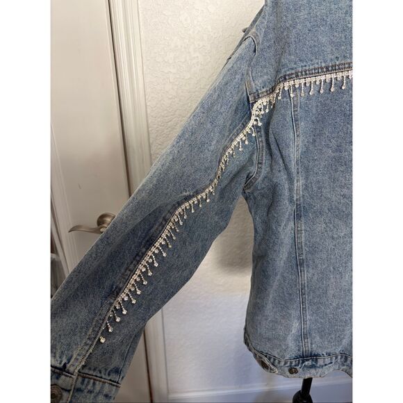 Blue B Rhinestone Fringe Denim Jacket with Hoodie Blue Size M/L - Picture 11 of 12